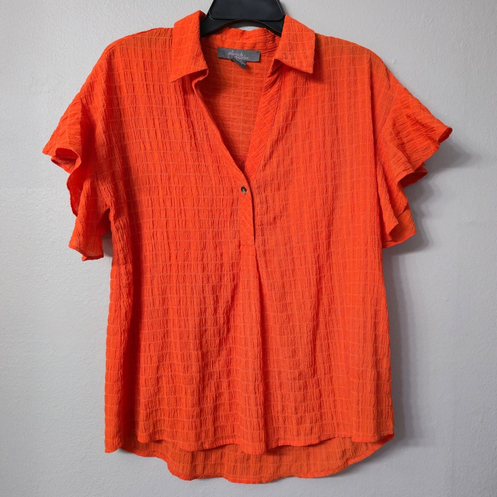 Olivia & Martin Orange Textured Ruffle Flutter Sleeve V-Neck Blouse Small